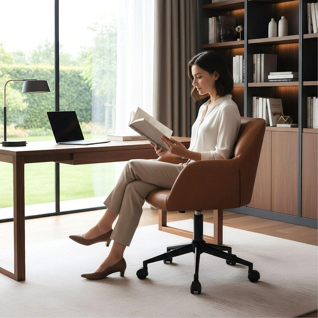 Brown Home Office Desk Chair with Wheels Faux Leather Swivel Desk Chair Upholstered Adjustable Task Armchair for