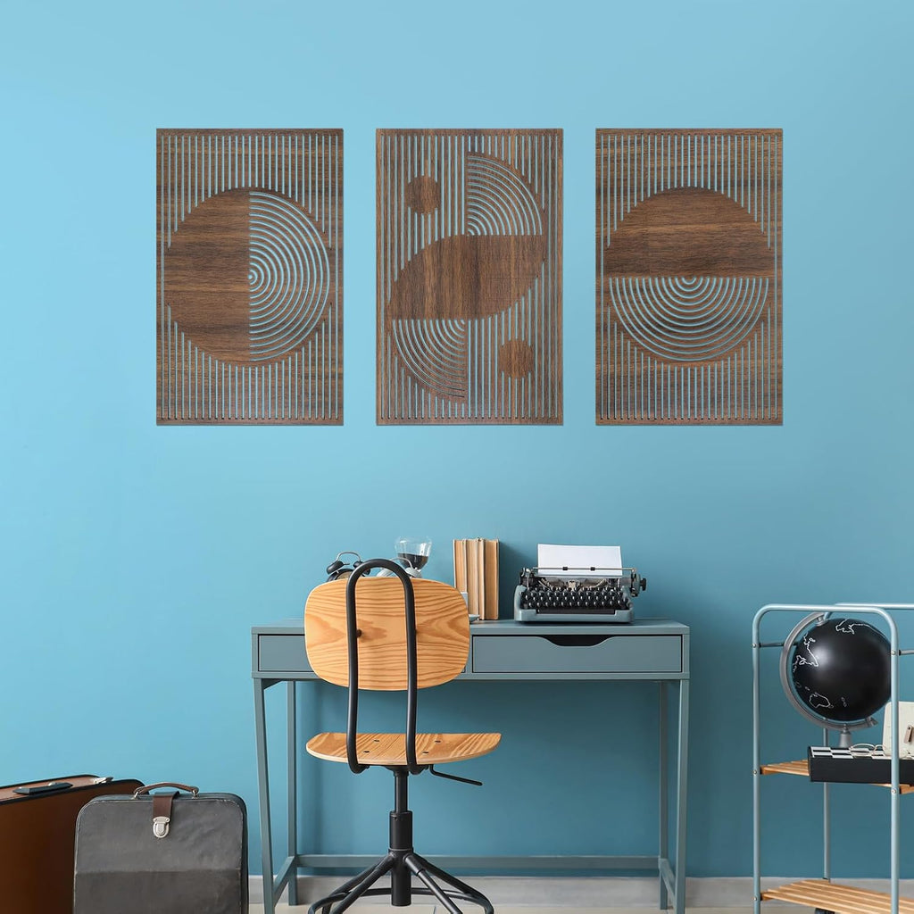 Mid Century Modern Wood Wall Art Decorations 3D Geometric Abstract Wall Sculpture Bedroom Office Minimalist - Set of 3