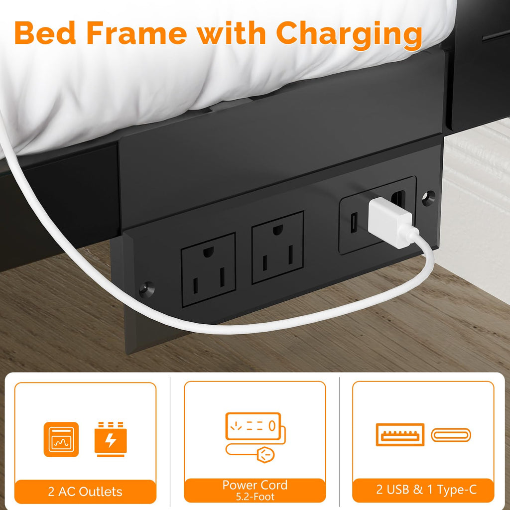 Rustic Bed Frame with Wood Headboard and Footboard, Led Light, 2 AC 2 USB 1 Type-C Charging Ports, 12-Inch