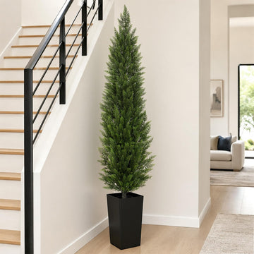 Artificial Cedar Topiary Trees with Black Pot, 7 FT UV Resistant Faux Boxwood Plants, Front Porch Decorations