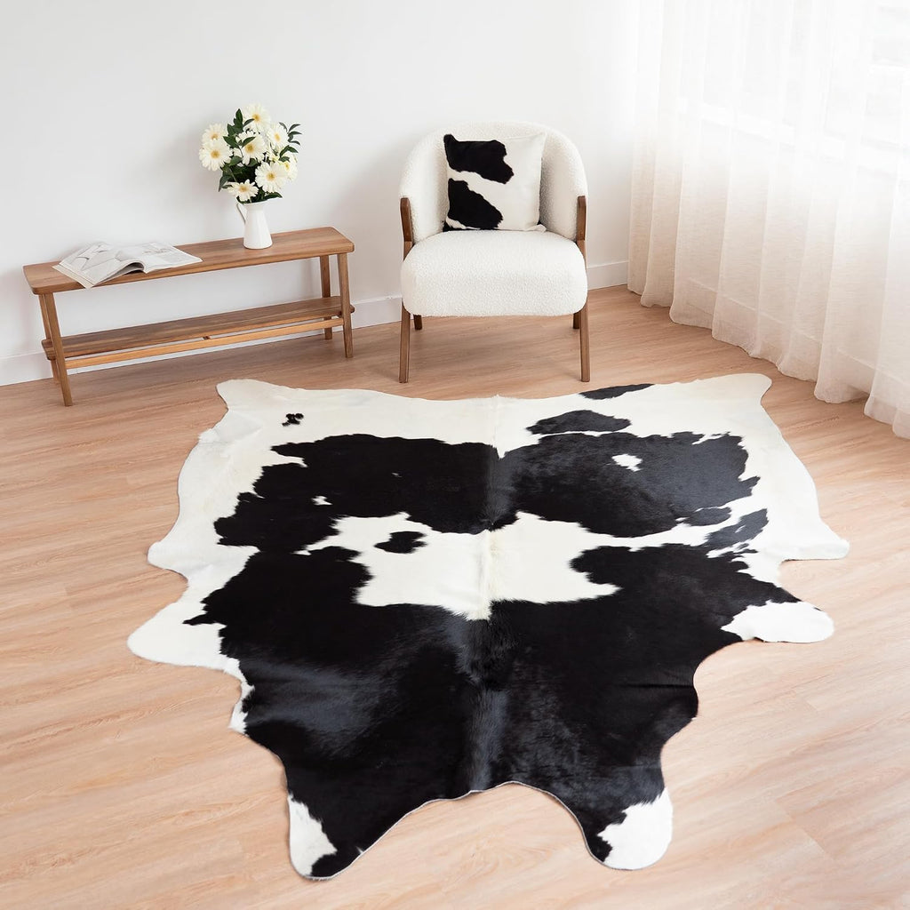 100% Genuine Brazilian Cowhide Rug - Black and White - Luxury Cowskin Leather Area Rug Décor 7 x 6 feet