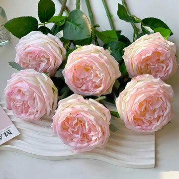 Real Touch Peonies Artificial Flowers, Blush Pink Fake Roses with Stem - Set of 6