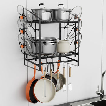 17 Inch Pot Rack Wall Mounted, 2 Tier Pots and Pans Organizer with 10 Hooks and 6 Pot Lid Holders, Heavy Duty Steel