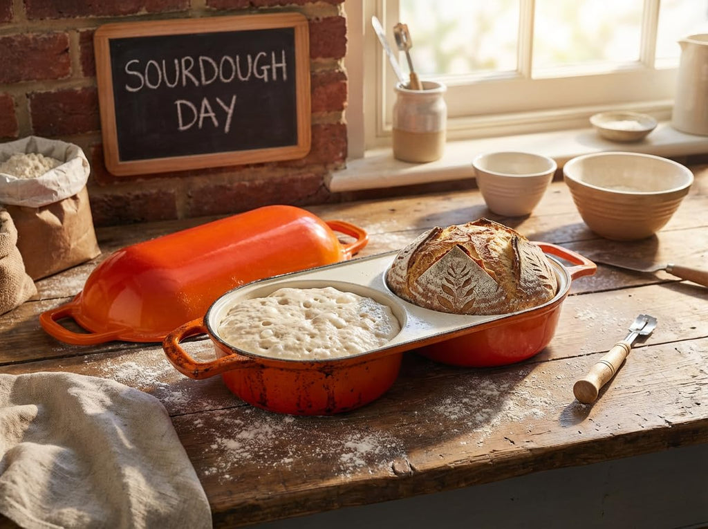 Double Dutch Oven for Bread Baking - Enamel Cast Iron Double Dutch Oven with Two 16.5cm Round Loaf Spaces, 500°F Heat