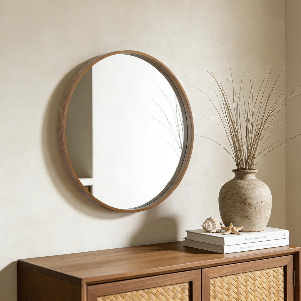 Wood Round Mirror with Wood Frame 24 inch Circle Wall Mirror Round Wall Mirror for Wall Decor, Vanity, Entryway