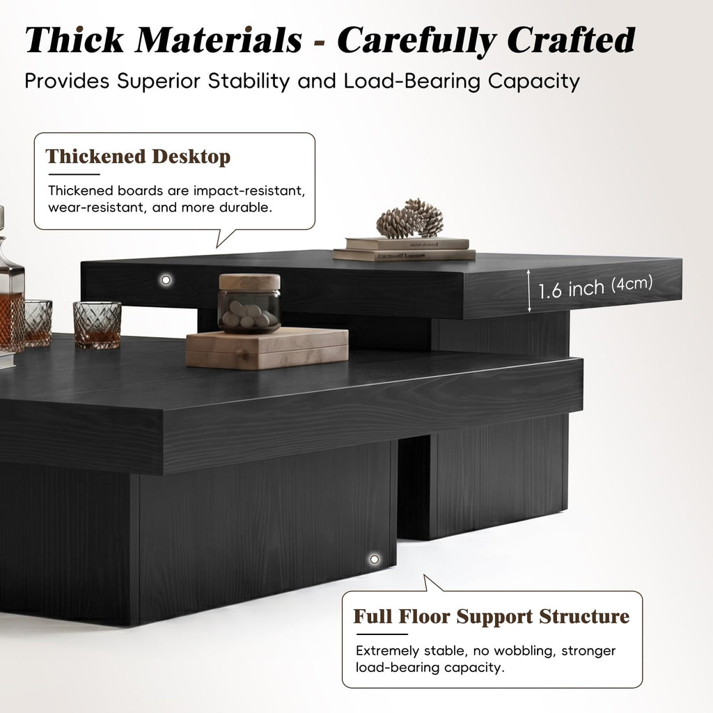 Nesting Coffee Table Set of 2, Square Centre Table, Modern Accent Table with 1.6" Thick Tabletop, Wood Coffee Tables