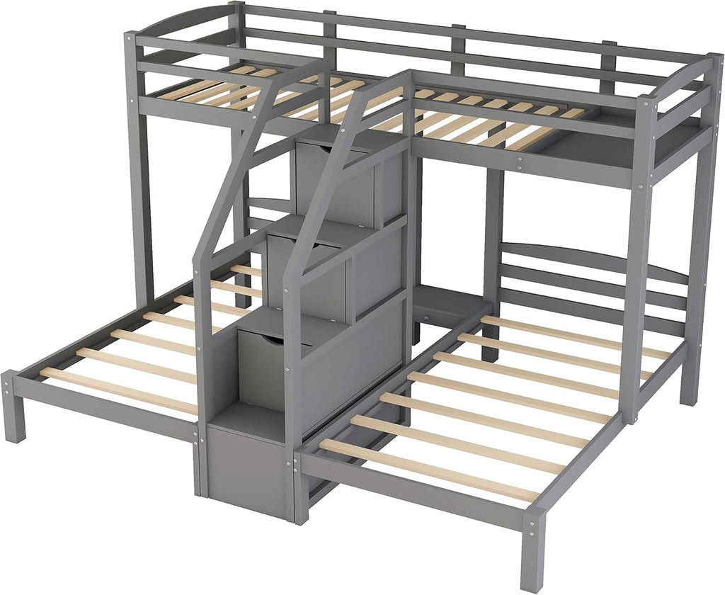 Triple Bunk Bed with Stairs and Storage Staircase, Twin Over Twin & Twin L-Shaped Bunk Bed for 3