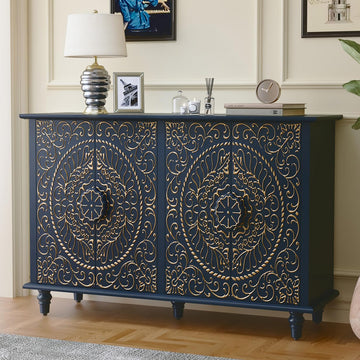 Sideboard Buffet Cabinet with Storage, 48" Decorative Accent Cabinet with Carved Flower Pattern, Modern Blue Credenza