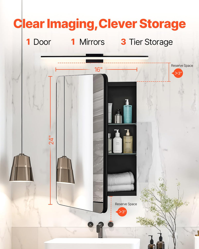 Medicine Cabinet, 16 x 24 inch, Medicine Cabinet with Mirror, Aluminum Frame Bathroom Wall Cabinet, 2-Layer