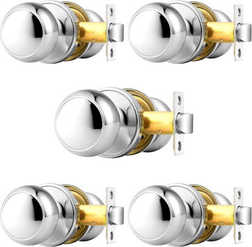 Polished Chrome Passage Door Knobs, Interior Door Lock Closet, Keyless Round Ball Knob Handle, No Locking, 5 Pack