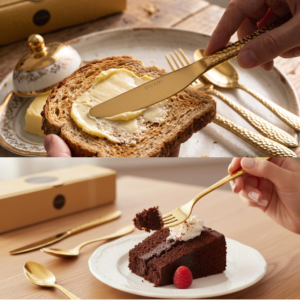 40-Piece Champagne Silverware Set for 8, Hammered Flatware Set