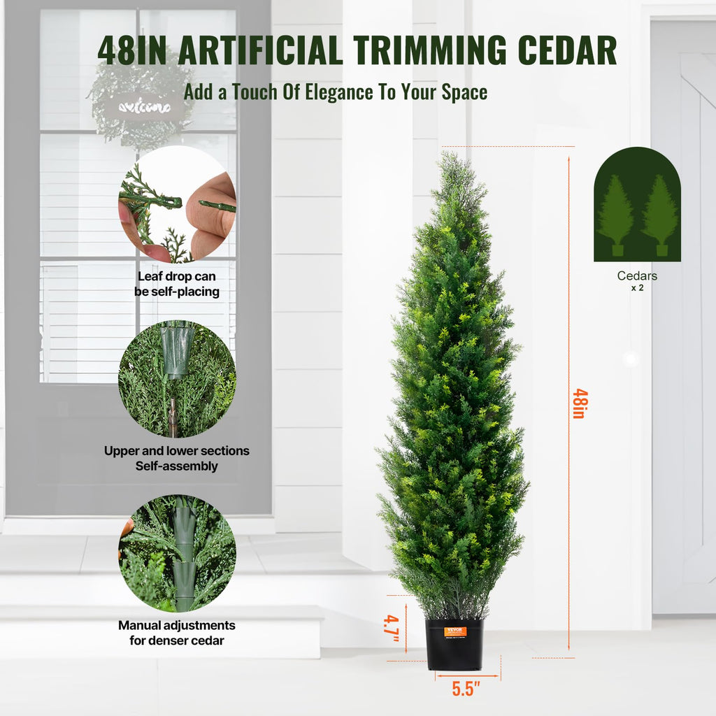Artificial Cedar Topiary Tree, 48 inch Tall (2 Pieces), with Extra Leaves & Pot Faux Evergreen Fake Pine Cypress