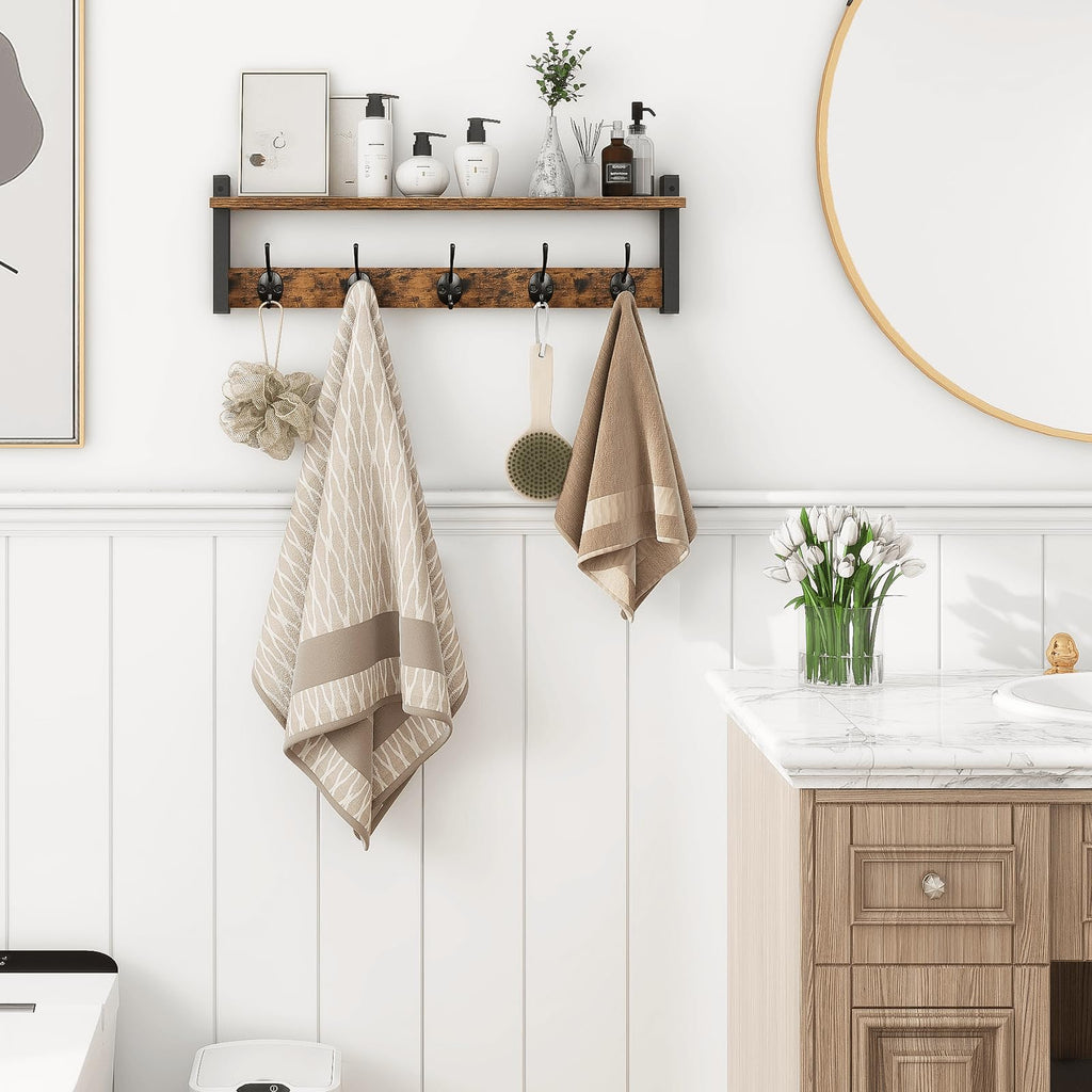 Coat Rack with Wall Mount, 24 Inch Long Entryway Wall Shelf with Hooks, Wood Hanger with Storage Shelf, Rustic Brown