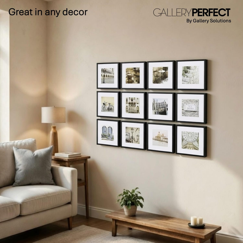 Perfect 12-Piece Black Photo Frame Set with Hanging Template - 12x12 Picture Frame Matted to 8x8 - Gallery Wall Kit
