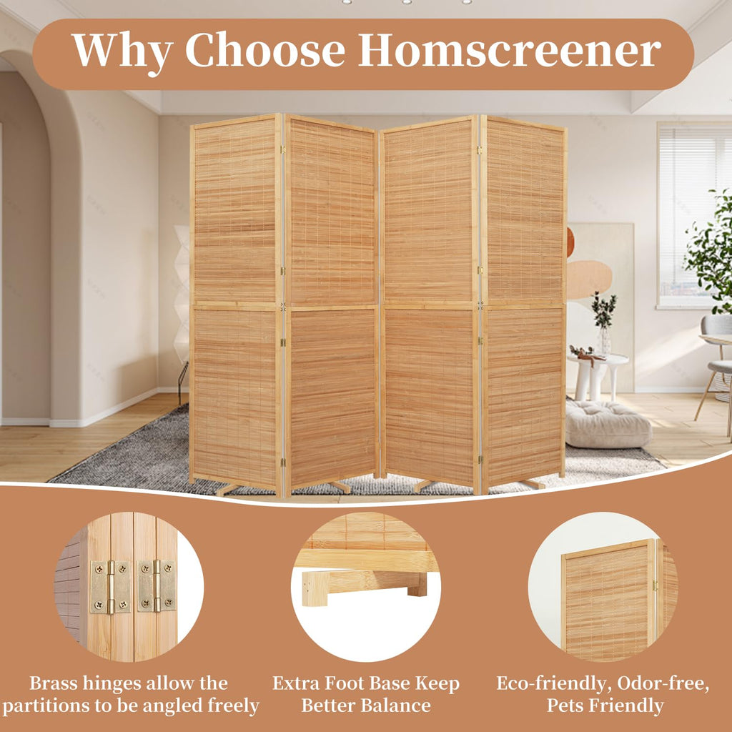 Room Divider Folding Privacy Screens, Hand-Made Natural Bamboo Room Dividers
