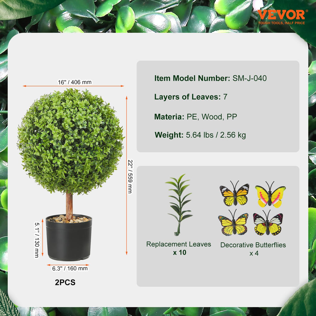 Artificial Topiaries Boxwood Trees, 24 inch Tall (2 Pieces), Ball-Shape Faux Topiaries Plant with Planters, Green
