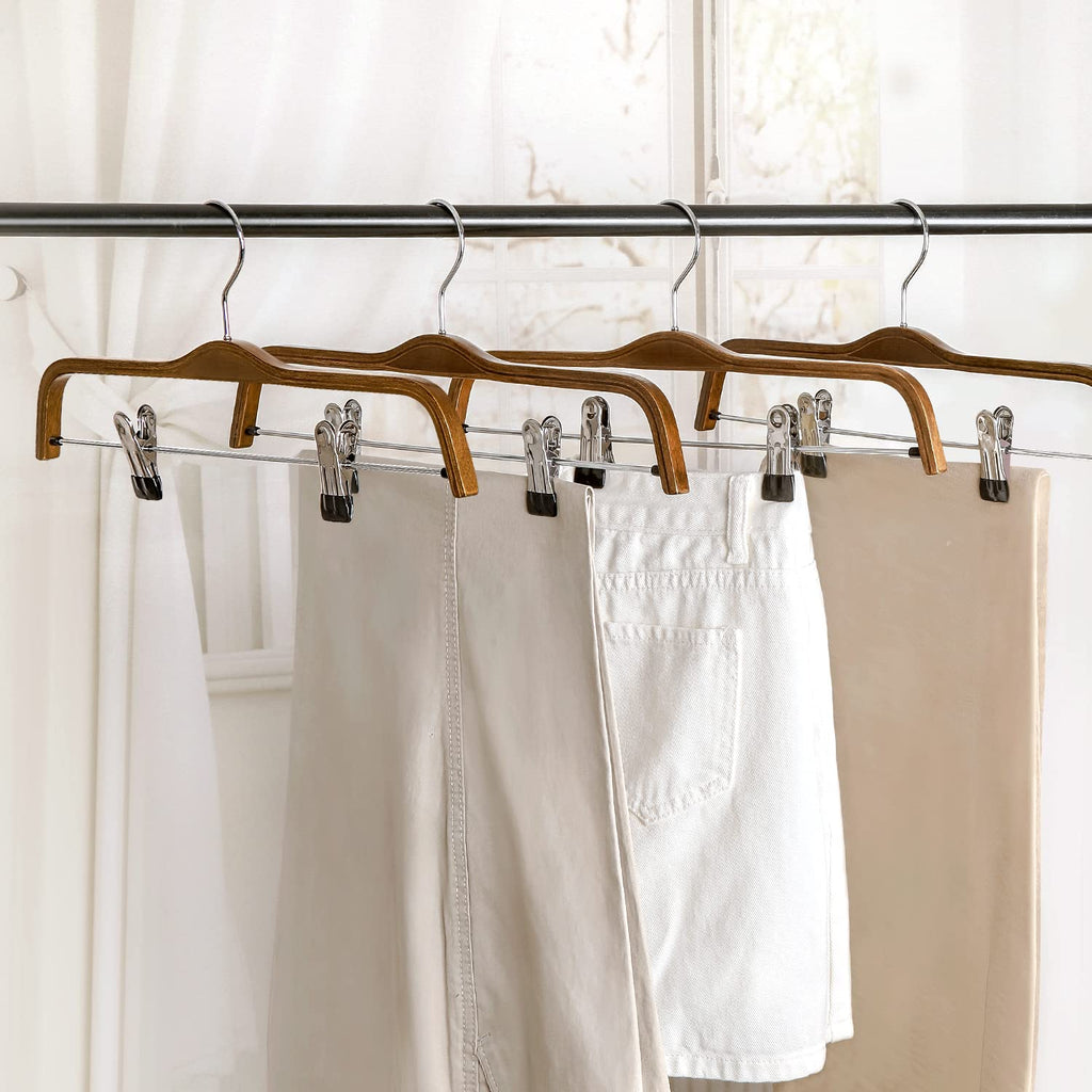 Wooden Pants Hangers, Slim Natural Wood Skirt Hangers with Anti-Rust Hook and Adjustable Metal Clips, Perfect for