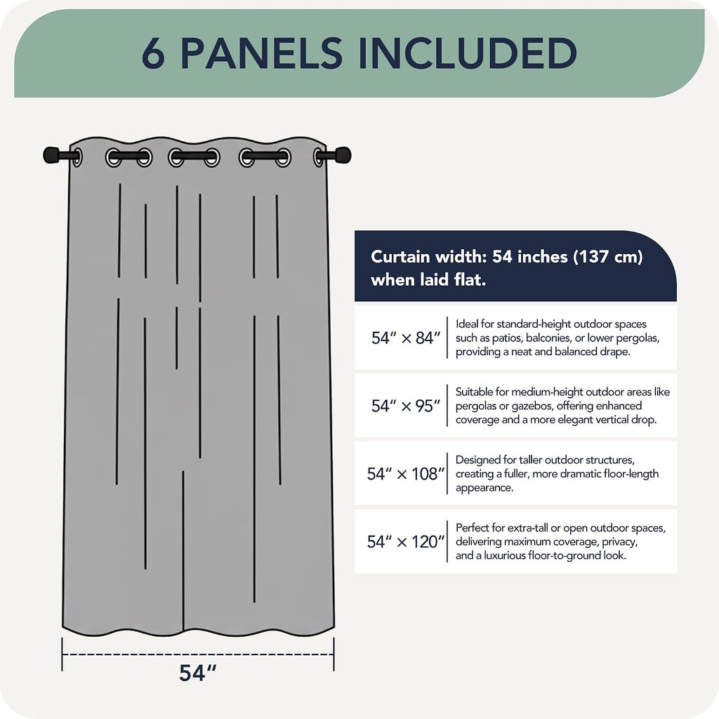 Gazebo Curtains Outdoor Waterproof 6 Panels, Porch Sun Shade | Weatherproof & Privacy, Windproof Outside Drapes