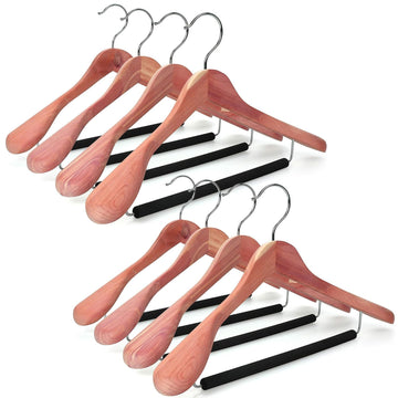 American Red Cedar Wide Shoulder Wooden Hangers 8 Pack, Luxury Wood Suit Coat Hangers with Black Padded Pant Bar-360°