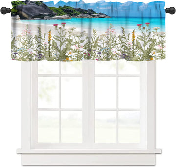Ocean Beach Coastal Kitchen Valance Curtain, Casual Summer Beach Ocean Hawaiian Floral Scenery Wildflower Window