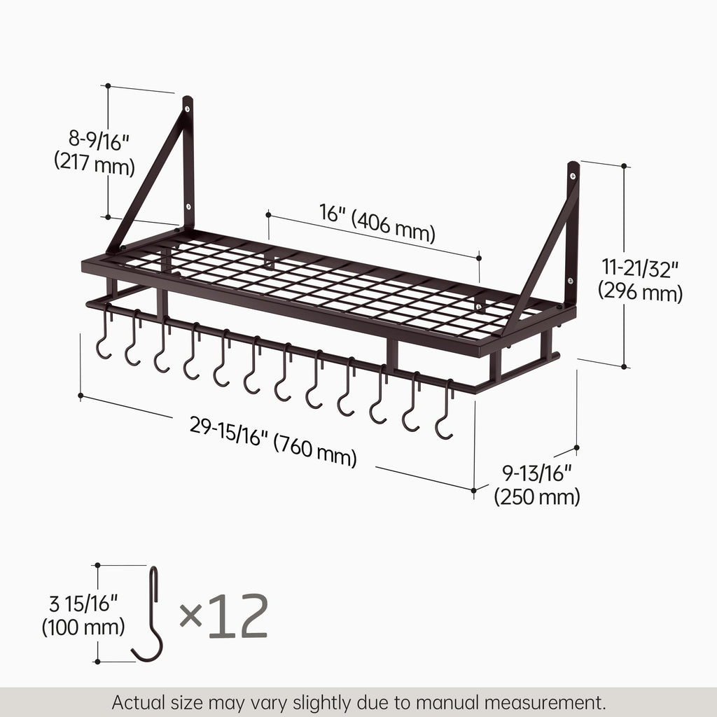 Wall Pot Rack, Oil Bronze, 88lb Capacity, 12 Hooks, Farmhouse