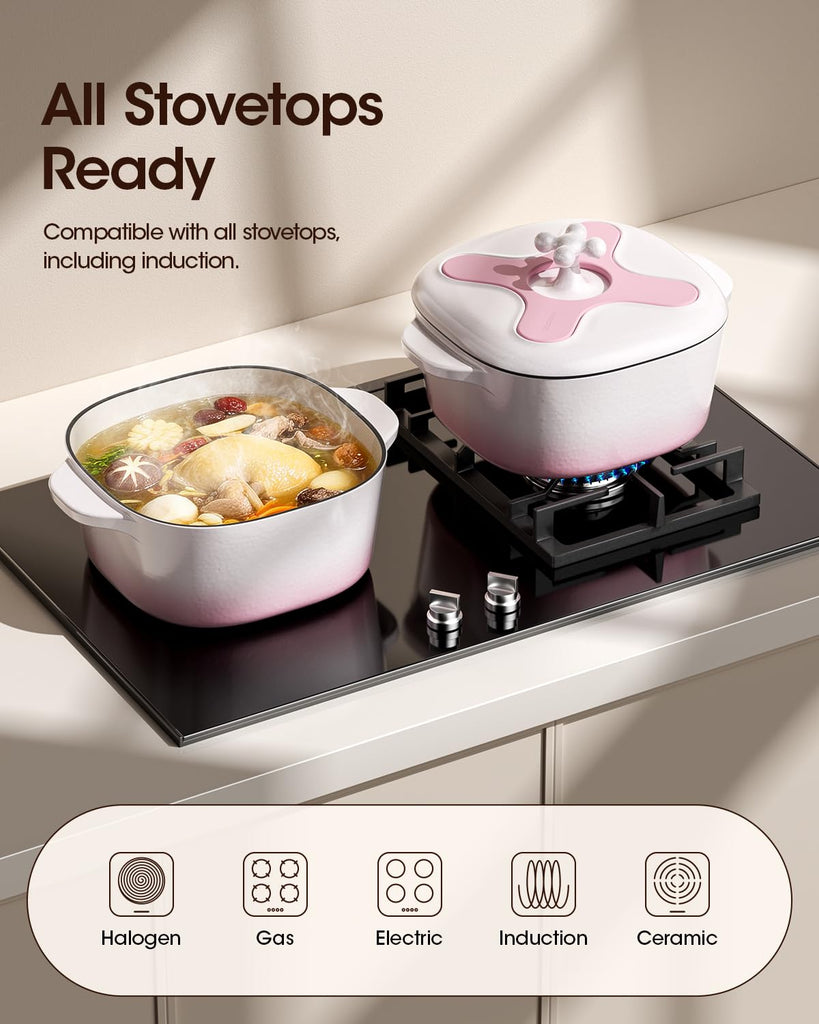 5 Quart Pink Dutch Oven Pot with Lid, Enameled Cast Iron, Rounded Square