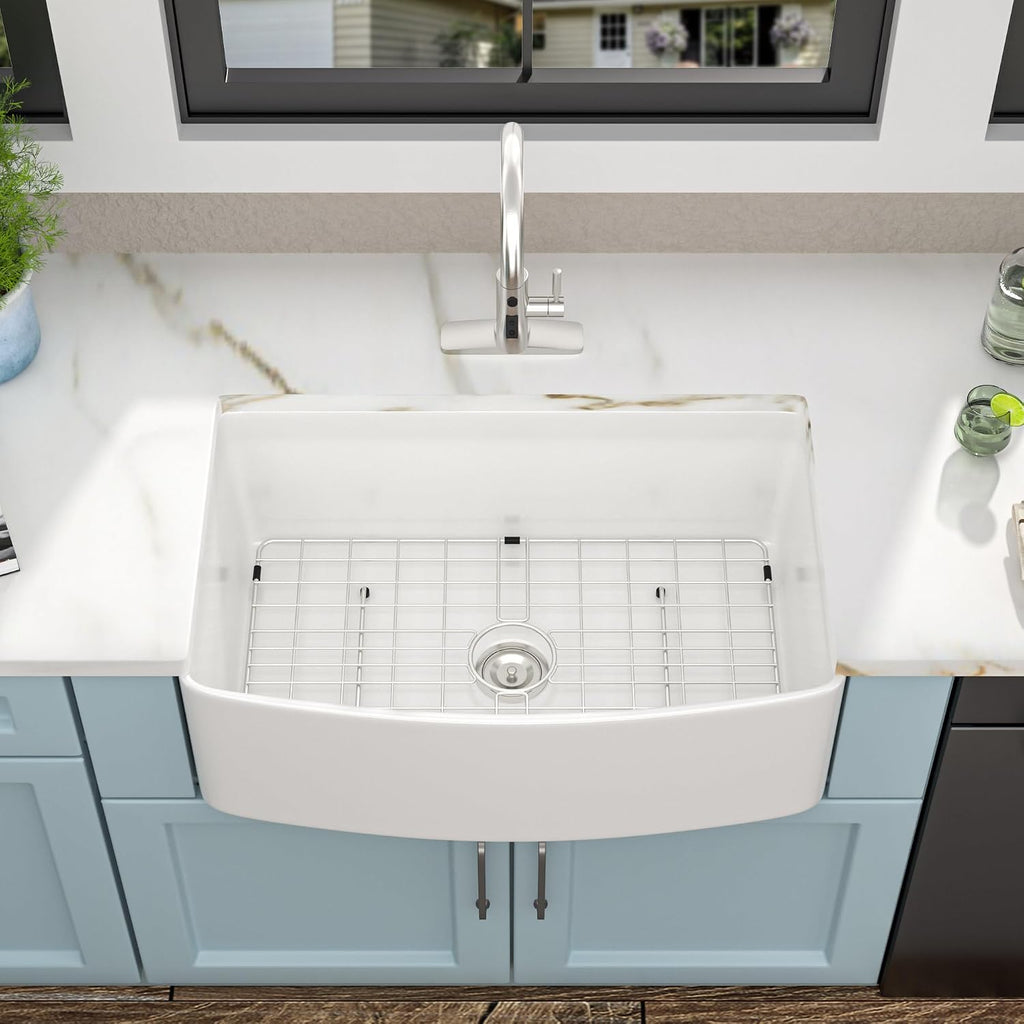 33"x19" White Farmhouse Kitchen Sink - Curved Farm Apron Front White Ceramic Porcelain Fireclay Deep Single Bowl Farm