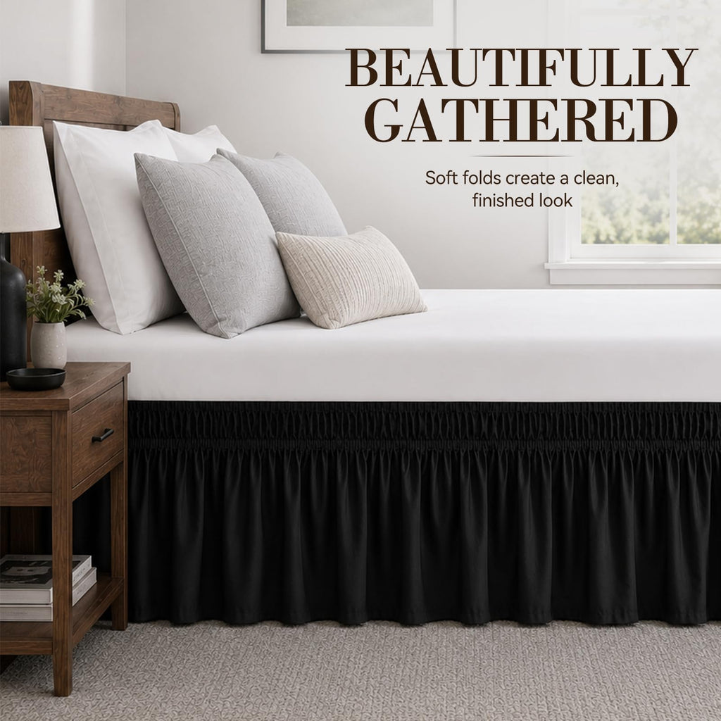 Black Queen Bed Skirt 14 Inch Drop, Elastic Wrap Dust Ruffle