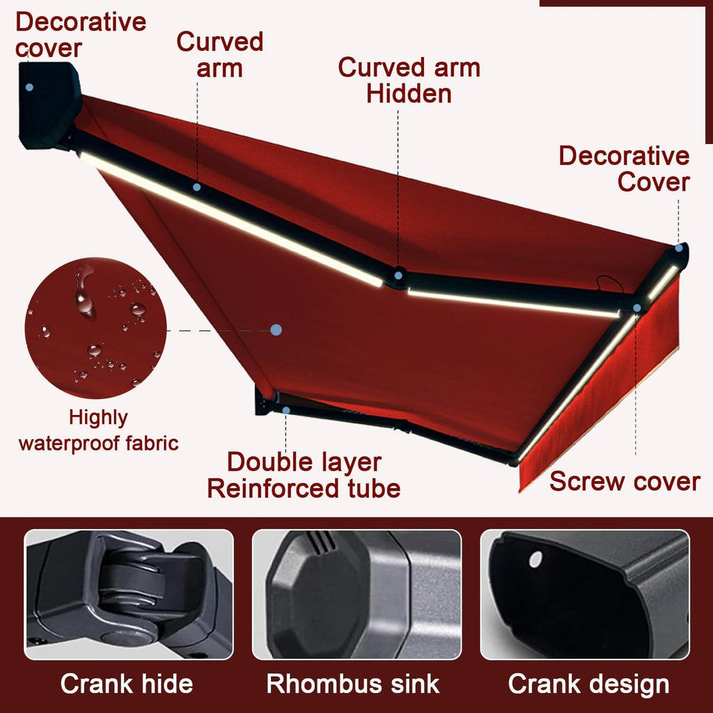 Patio Electric Awning Retractable with LED Light, Protection Sun Shade Shelter for Deck, Balcony, Yard - Remote