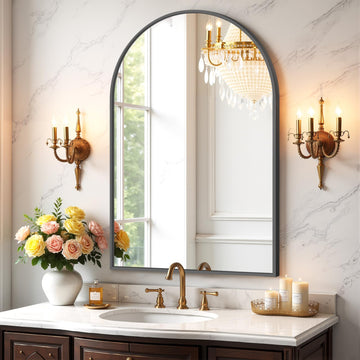 Bathroom Mirror for Wall, 36x24 Inch Arched Mirror, Matte Black Metal Framed Bathroom Vanity Mirrors for Restroom