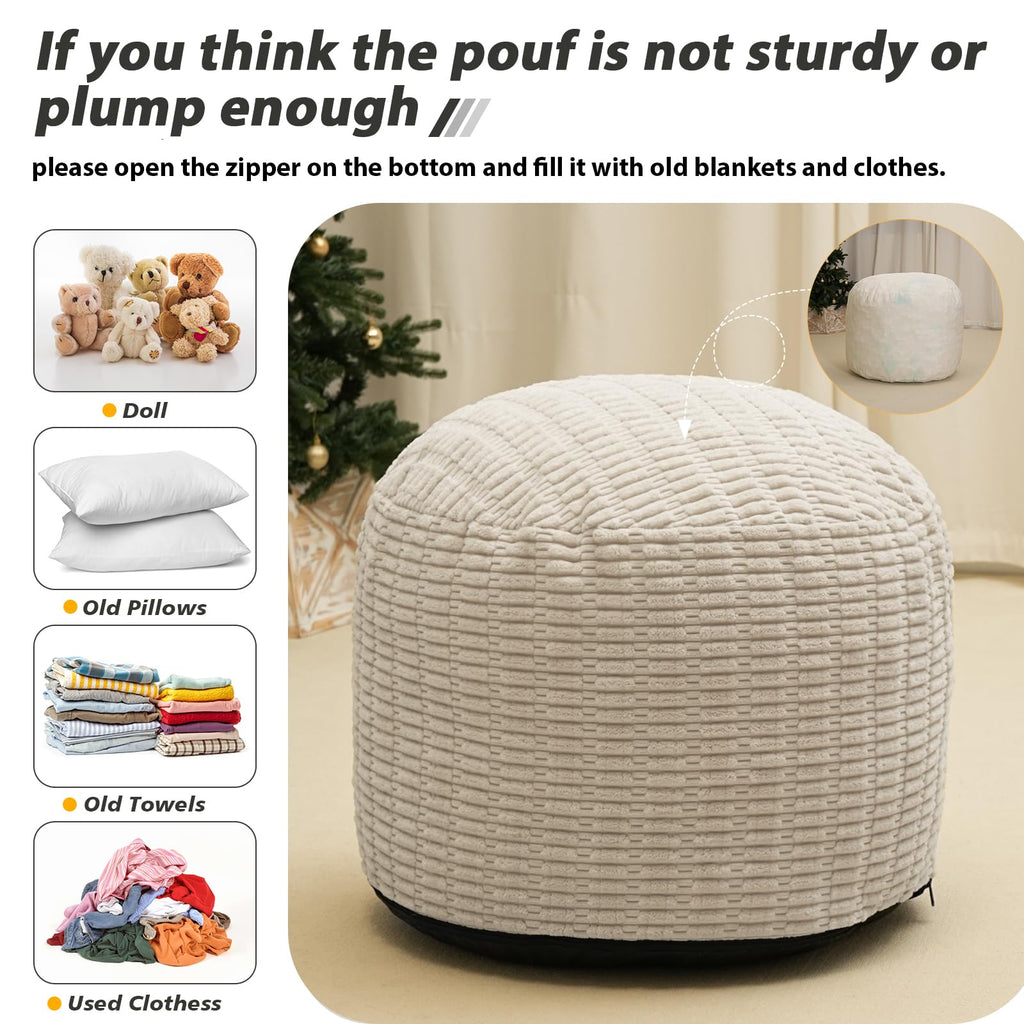 Round Stuffed Pouf Ottoman for Foot Rest 20" X 15" Faux Fur Poufs, Beige