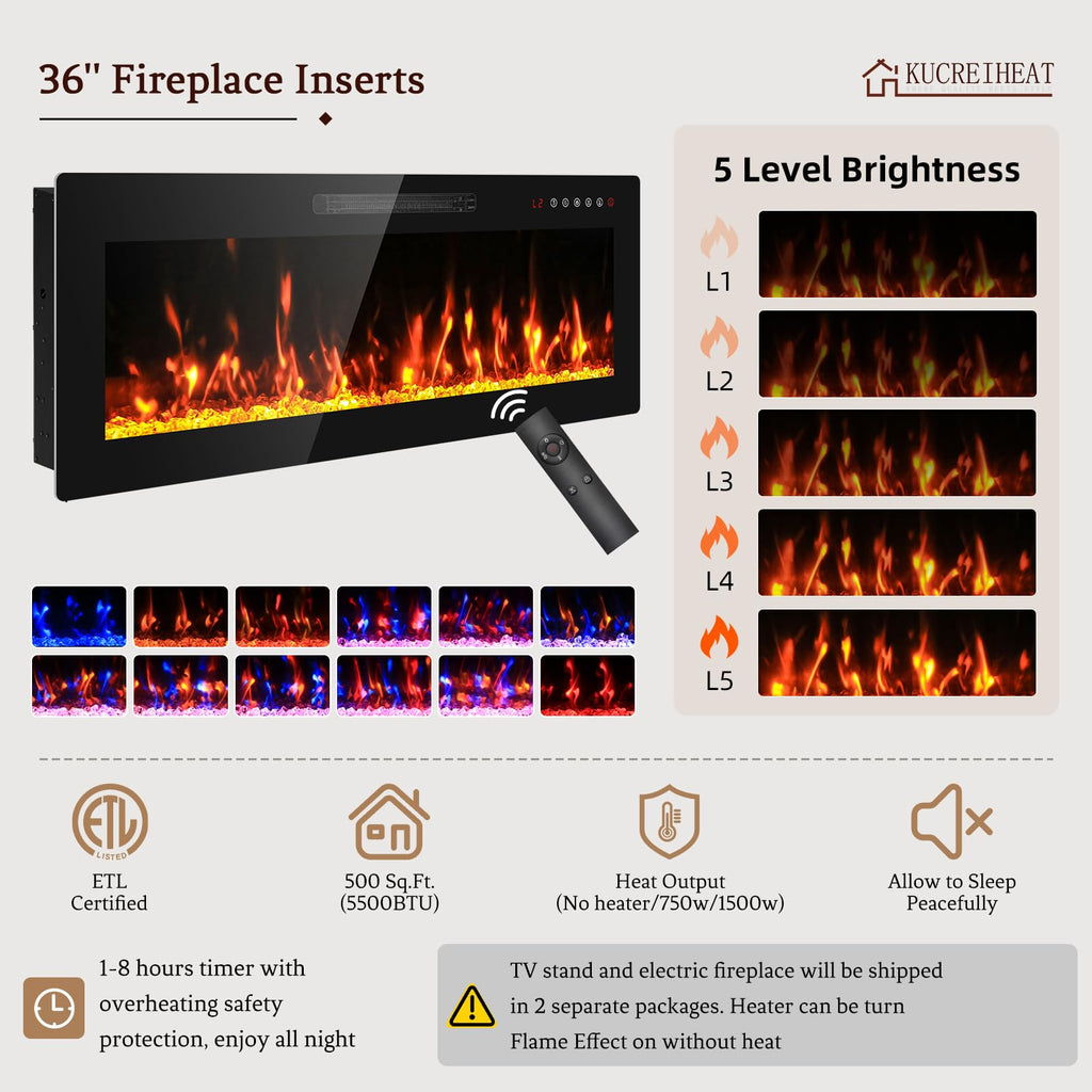 Fireplace TV Stand for 65-80 inch TV, Large Entertainment Center with Fireplace & LED Lights, High Gloss Living Room