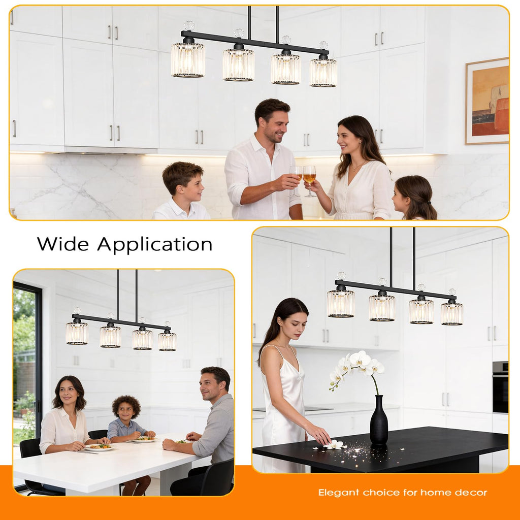 32" Crystal kitchen Island Lighting, 4-Light Black Linear Pendant Light