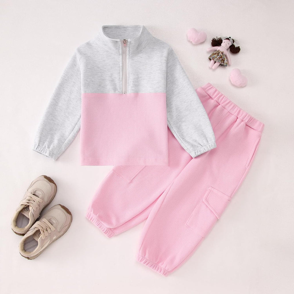 Toddler Girl Clothes Fall Outfit Half Zip Waffle Sweatshirt Cargo Pants Set