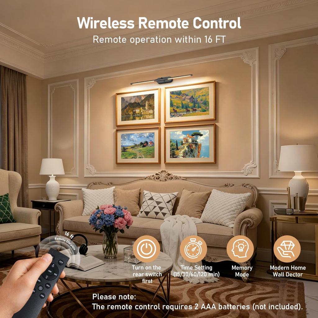 24" Wireless Picture Light for Wall, Rechargeable Art Light with Remote, 8000mAh Battery Operated, 3 Color Modes &
