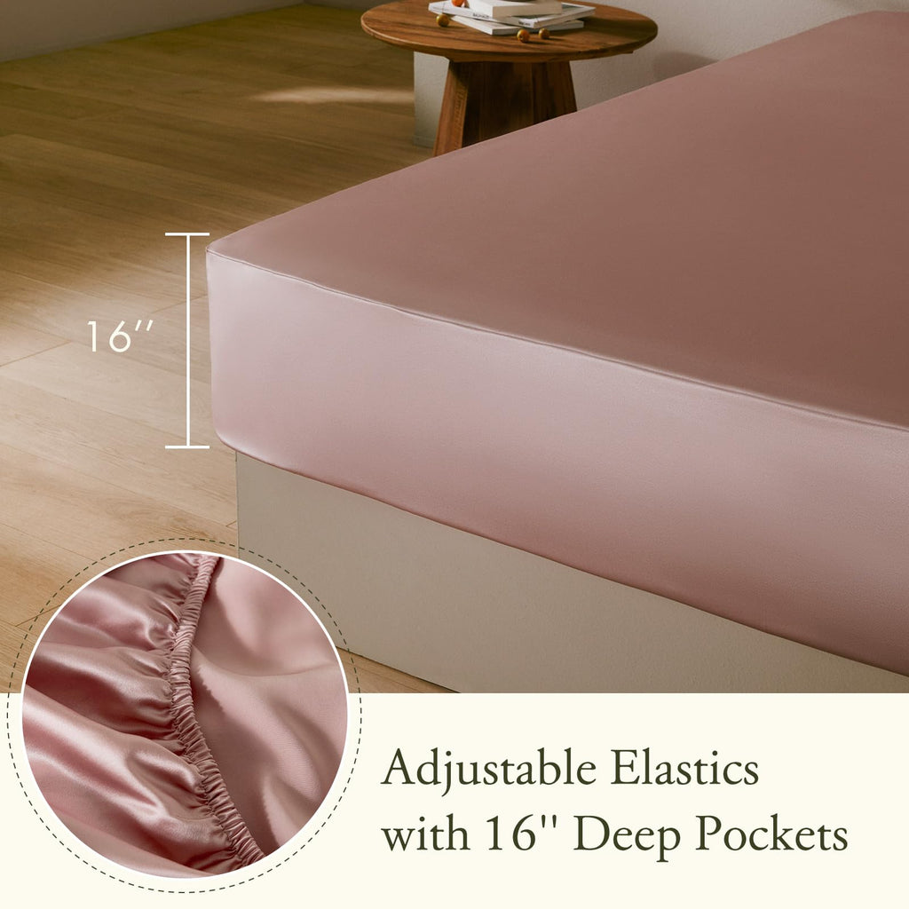 3PC Fitted Sheets Set - 100% Mulberry Silk, 2 Pillowcases, 1 Fitted Sheet - 16 Inch Deep Pocket, 19 Momme - Rosy