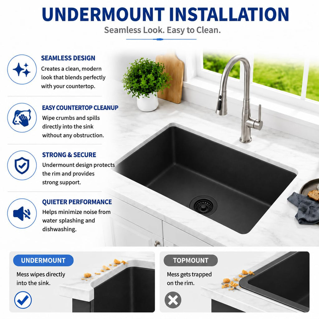 Black Kitchen Sink, 30 Inch Granite Composite Undermount Single Bowl Sink
