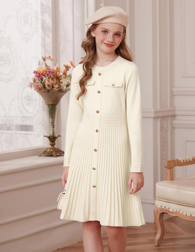 Girls Sweater Fall Dress Long Sleeve Knit Button Front Pleated A-Line Casual Winter Midi Dresses
