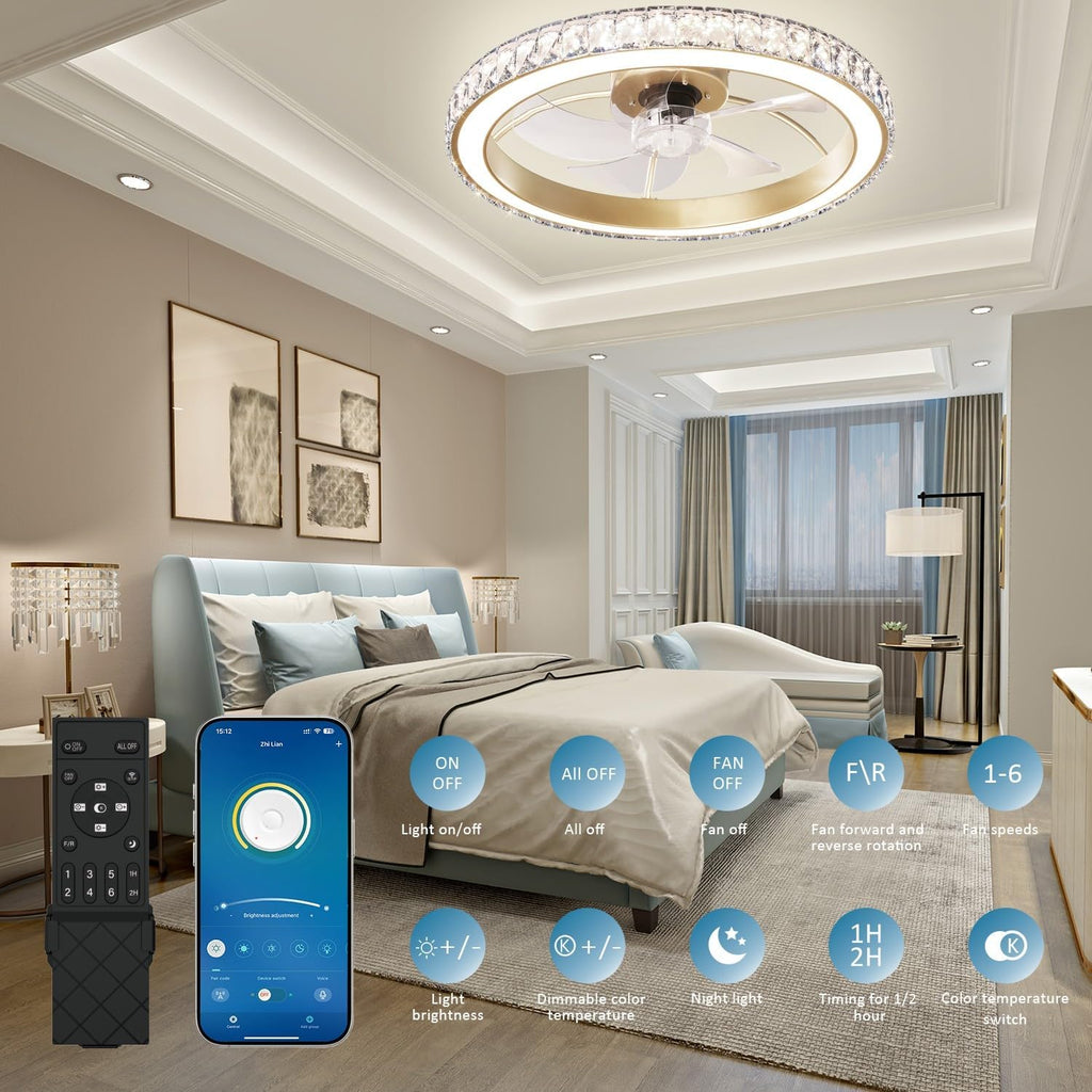 Low Profile Modern Crystal Chandelier Ceiling Fans with Lights and Remote, 3000K-6500K Smart Bladeless LED Fan Light