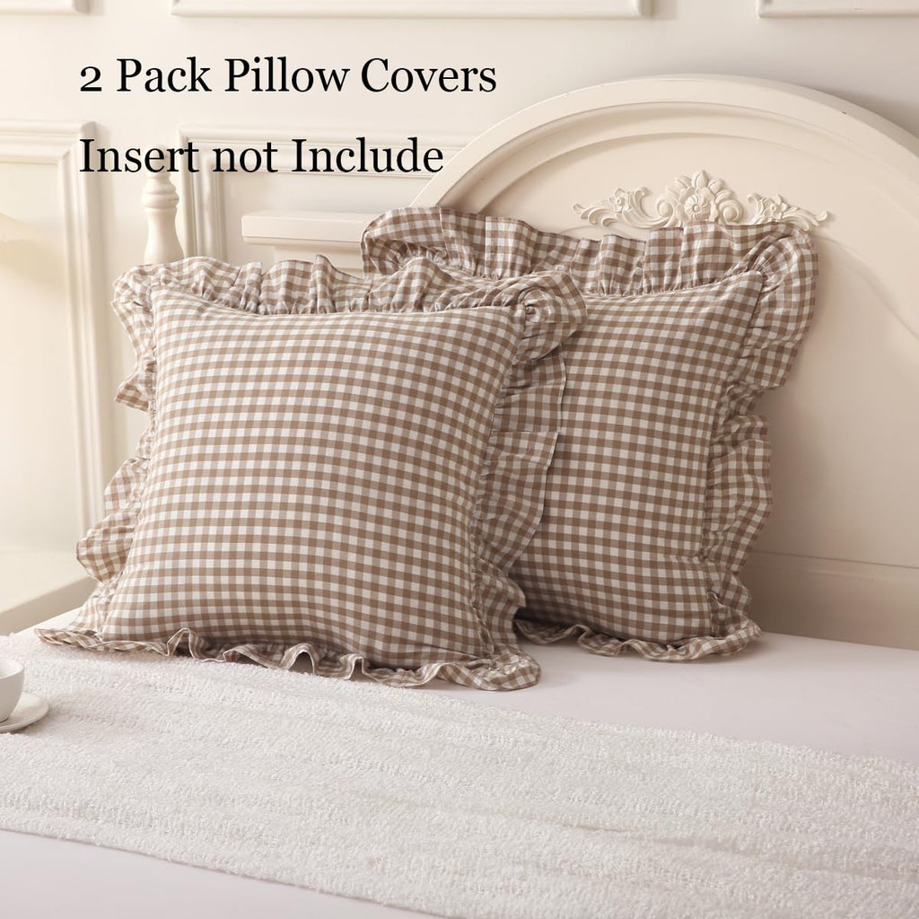 2 Pack Taupe/White Plaid Ruffle Throw Pillow Covers 24"x24"