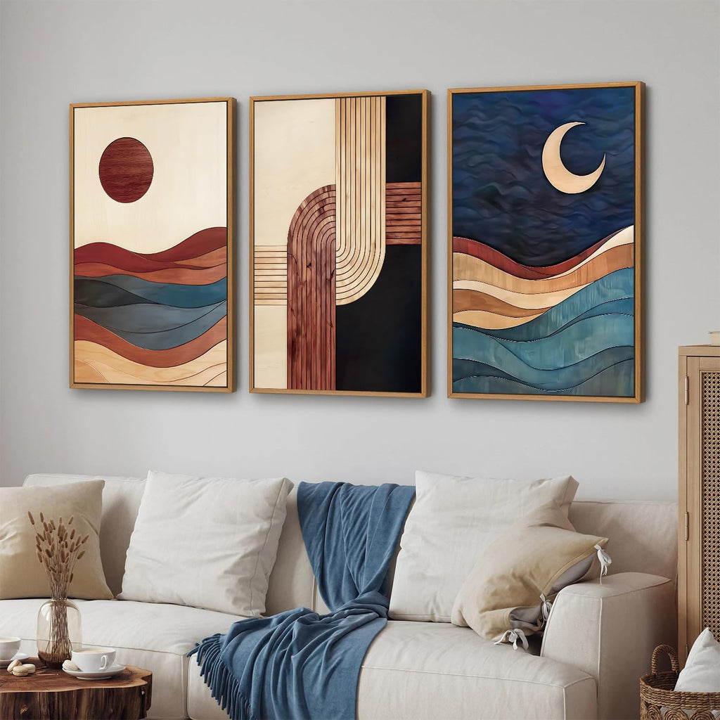 Boho Mid Century Modern Framed Canvas Wall Art, Bohemian Geometric Wall Decor, Abstract Sun and Moon Artwork, Beige
