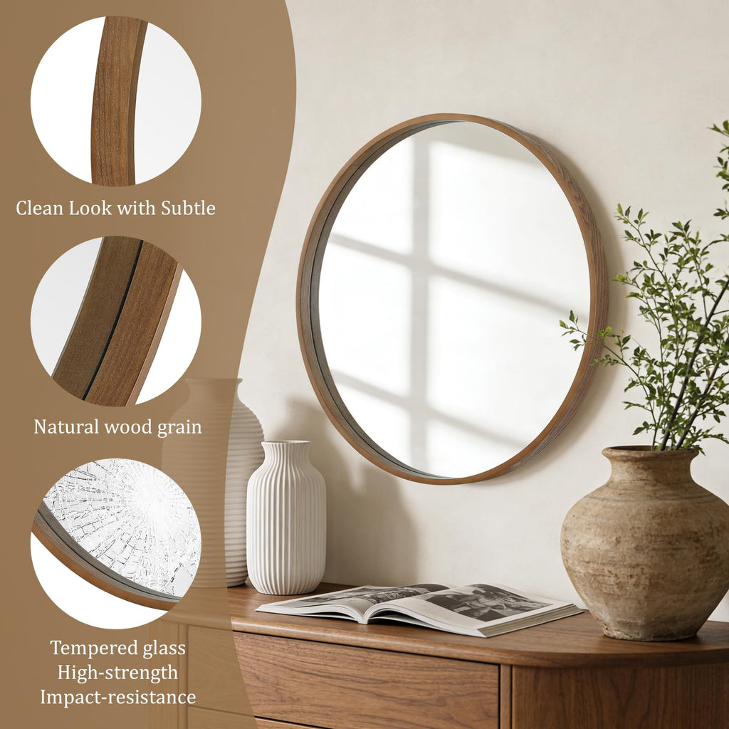Wood Round Mirror with Wood Frame 24 inch Circle Wall Mirror Round Wall Mirror for Wall Decor, Vanity, Entryway