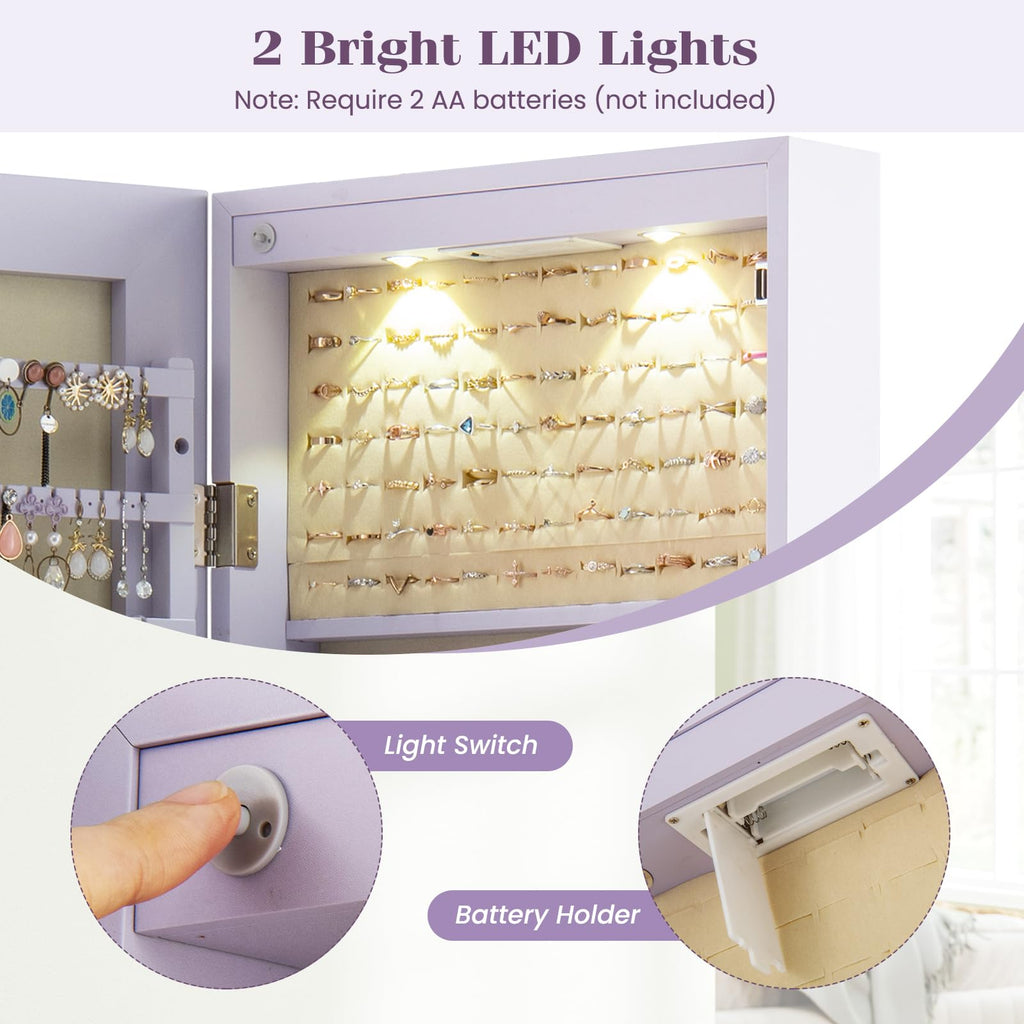 Wall Door Mounted Jewelry Armoire with 47.5" Full Length Mirror & 2 LED Lights, Large Storage Capacity, Lockable