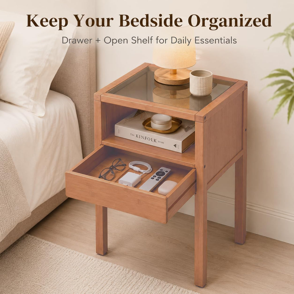 Bamboo Nightstand with Tempered Glass Top and Drawer, Small Bedside Table with Open Shelf Storage, Natural