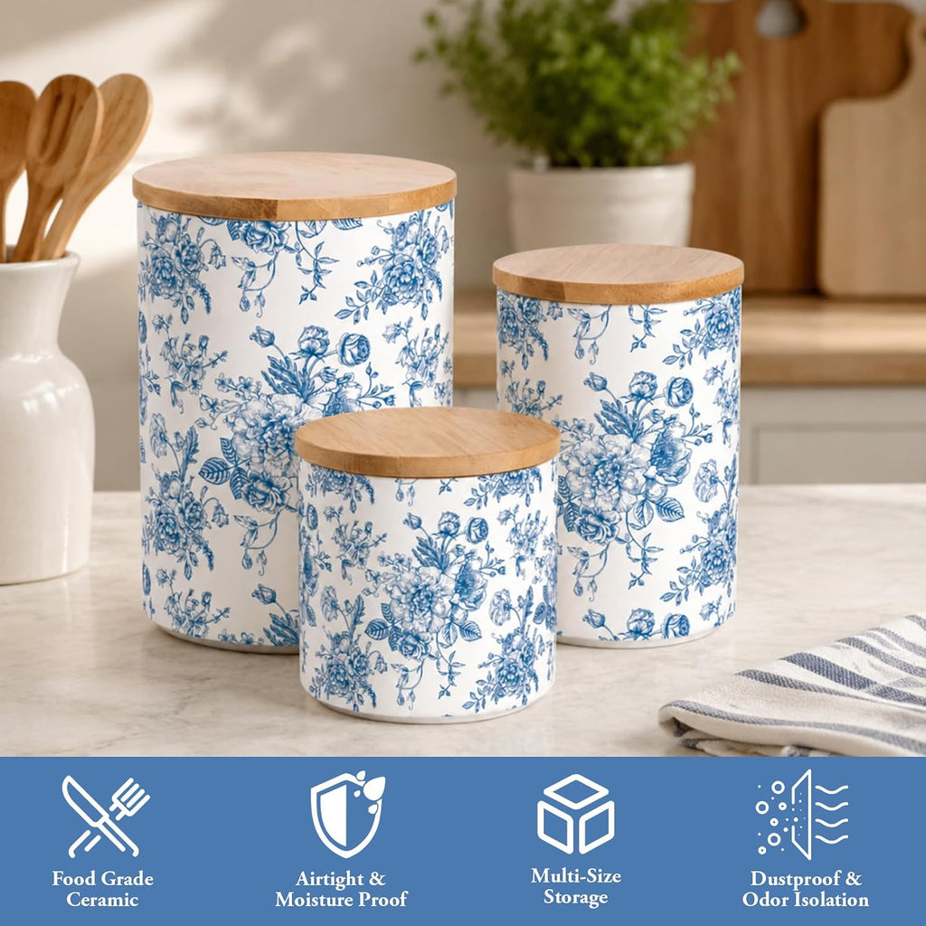 Chinoiserie Floral Ceramic Kitchen Canisters Sets Vintage Blue Flower Clear Storage Jar with Airtight Lids Kitchen - Set of 3