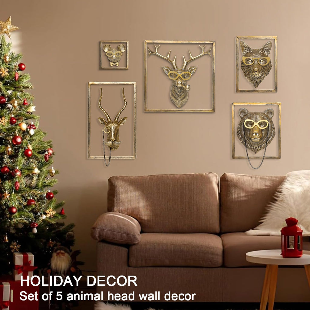 Animal Heads Wall Decor (5pcs, Includes Metal Frame) Resin Animals Sculptures Head Wall Hanging Decoration Gold