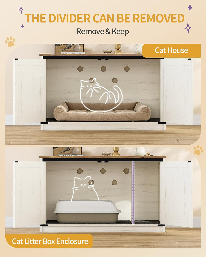 Cat Litter Box Enclosure, Hidden Litter Box Furniture with Divider