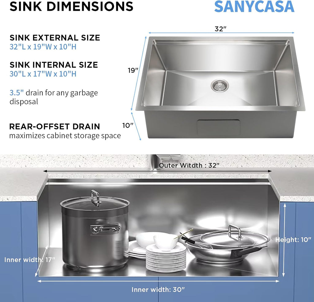 32 Inch Undermount Kitchen Sink - 11 Gauge (3mm) Stainless Steel, Single Bowl with Integrated Ledge, Superior Drain
