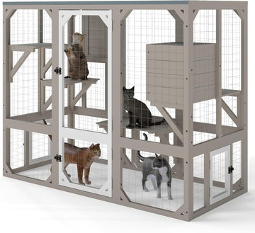 59.06" L Large Catio Outdoor Cat Enclosure, Wooden Window Cat House with 3 Jumping Platforms & Resting Room for Feral