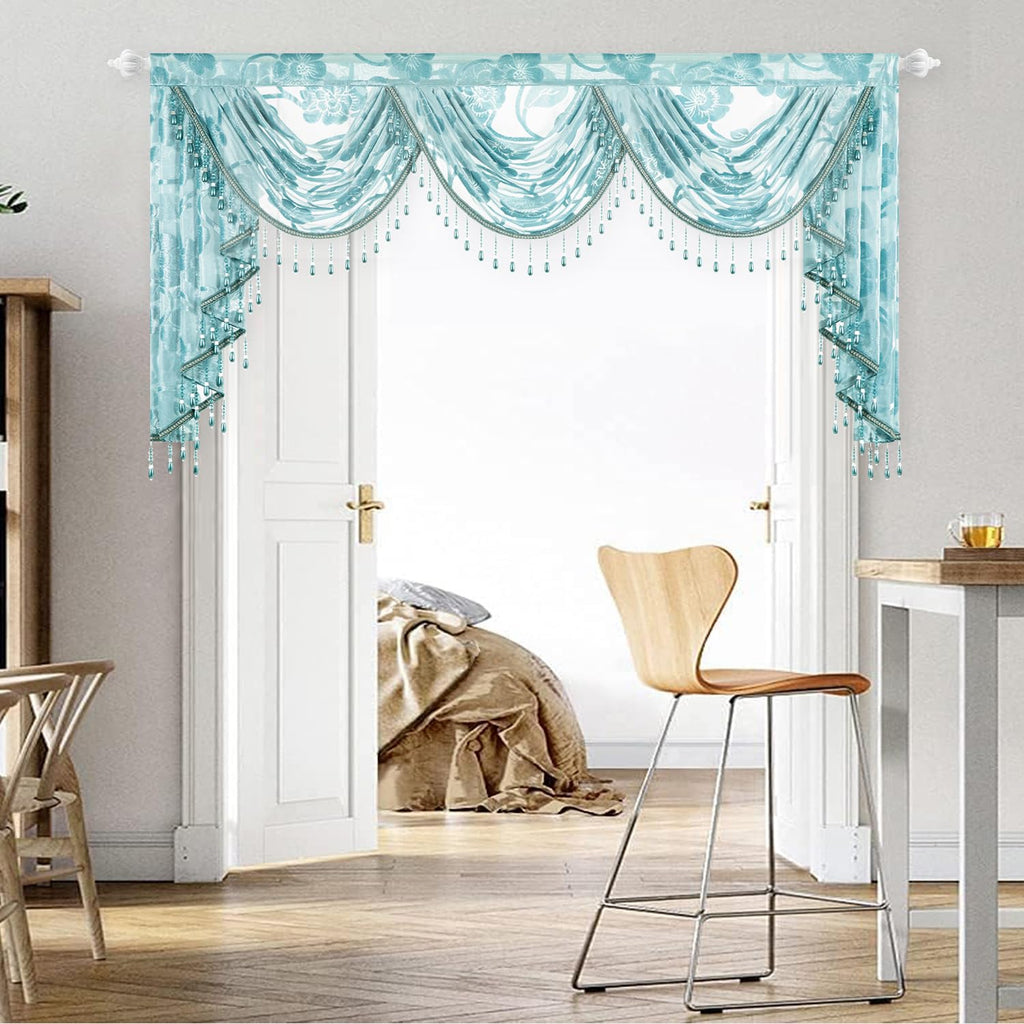 Blue Peony Sheer Swag Window Valance with Beads, 79 x 43, 1 Panel